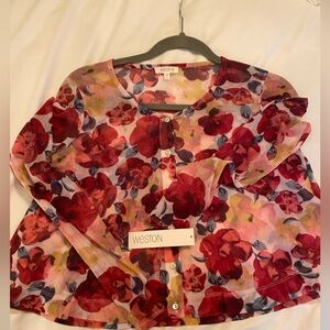 NWT Anthropologie Weston Sheer Mesh Floral Cropped Button up Blouse Size S